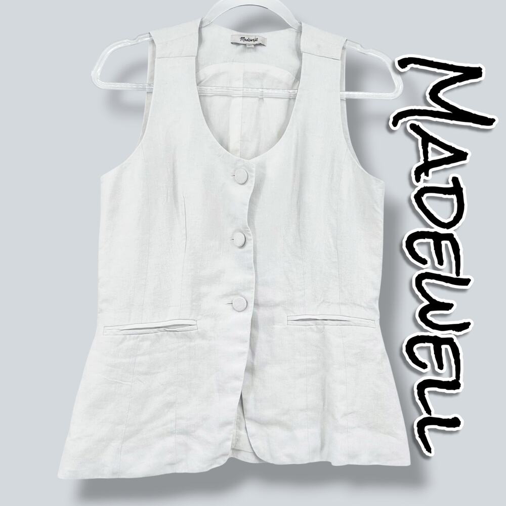 Madewell 100% Linen Scoopneck Cutaway Vest Salt White Button Front Size 6